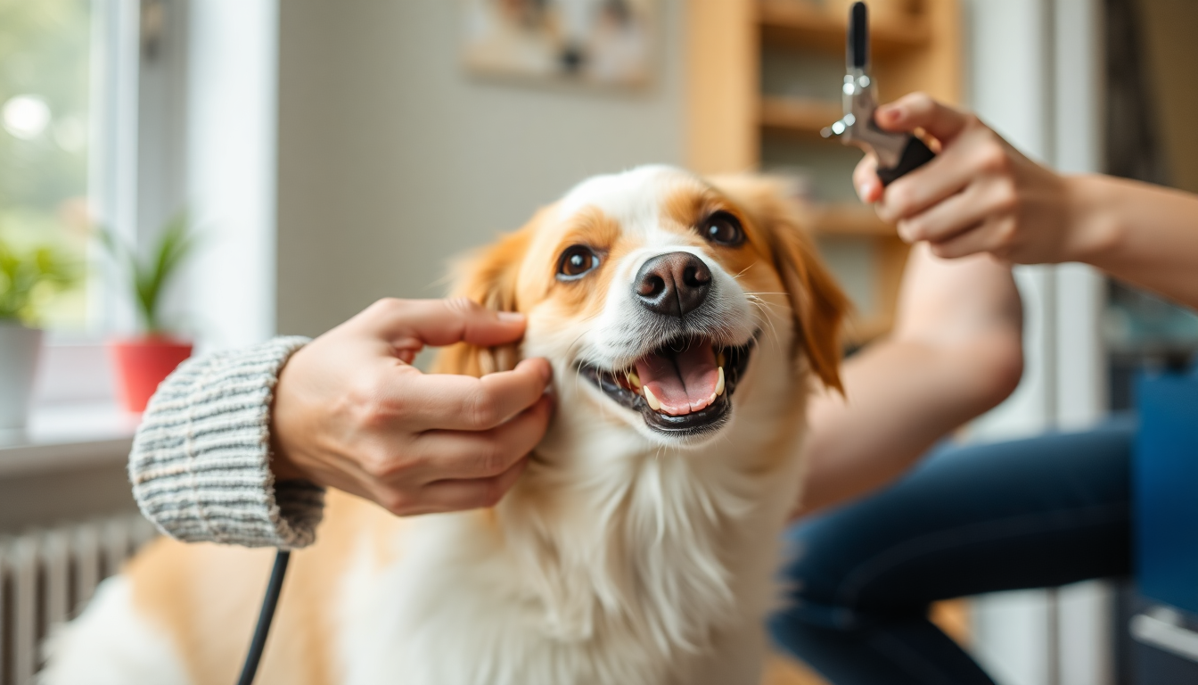 A person grooming a happy dog at home
