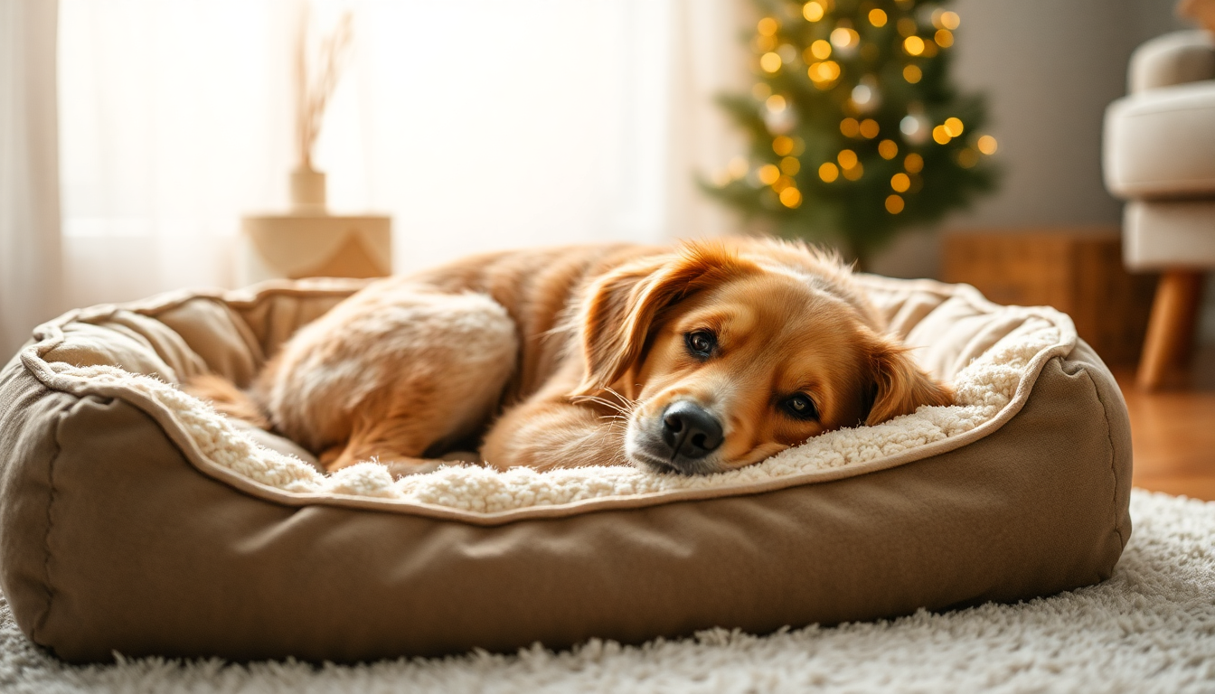 A cozy pet resting on a warm premium bed indoors