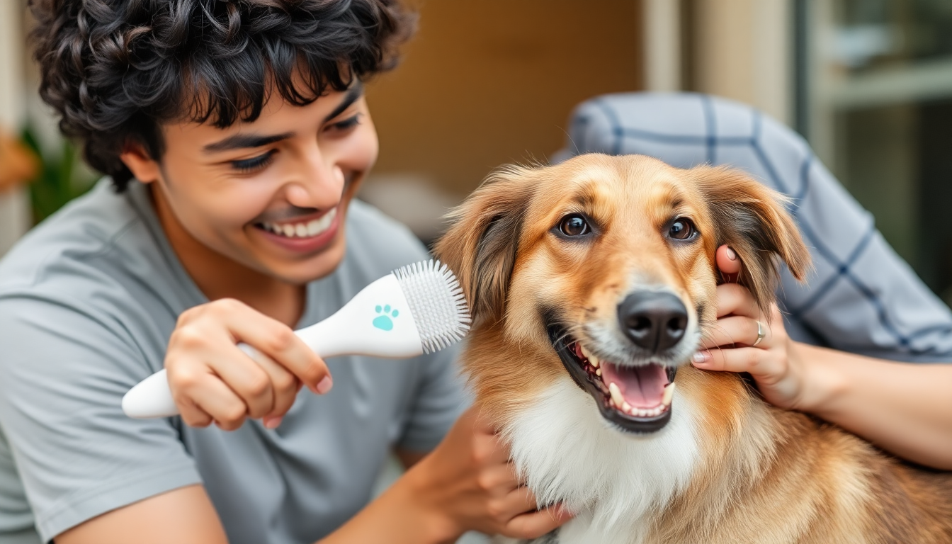 A happy pet owner brushing a dog with Yopaws brush